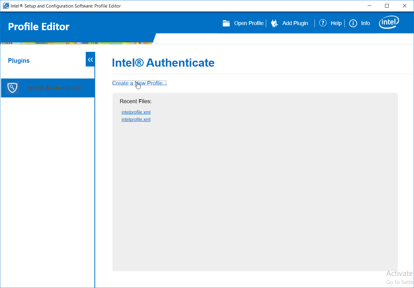 A screenshot of the Intel® Setup and Configuration Software: Profile Editor dialog box. The Create a New Profile link is selected.