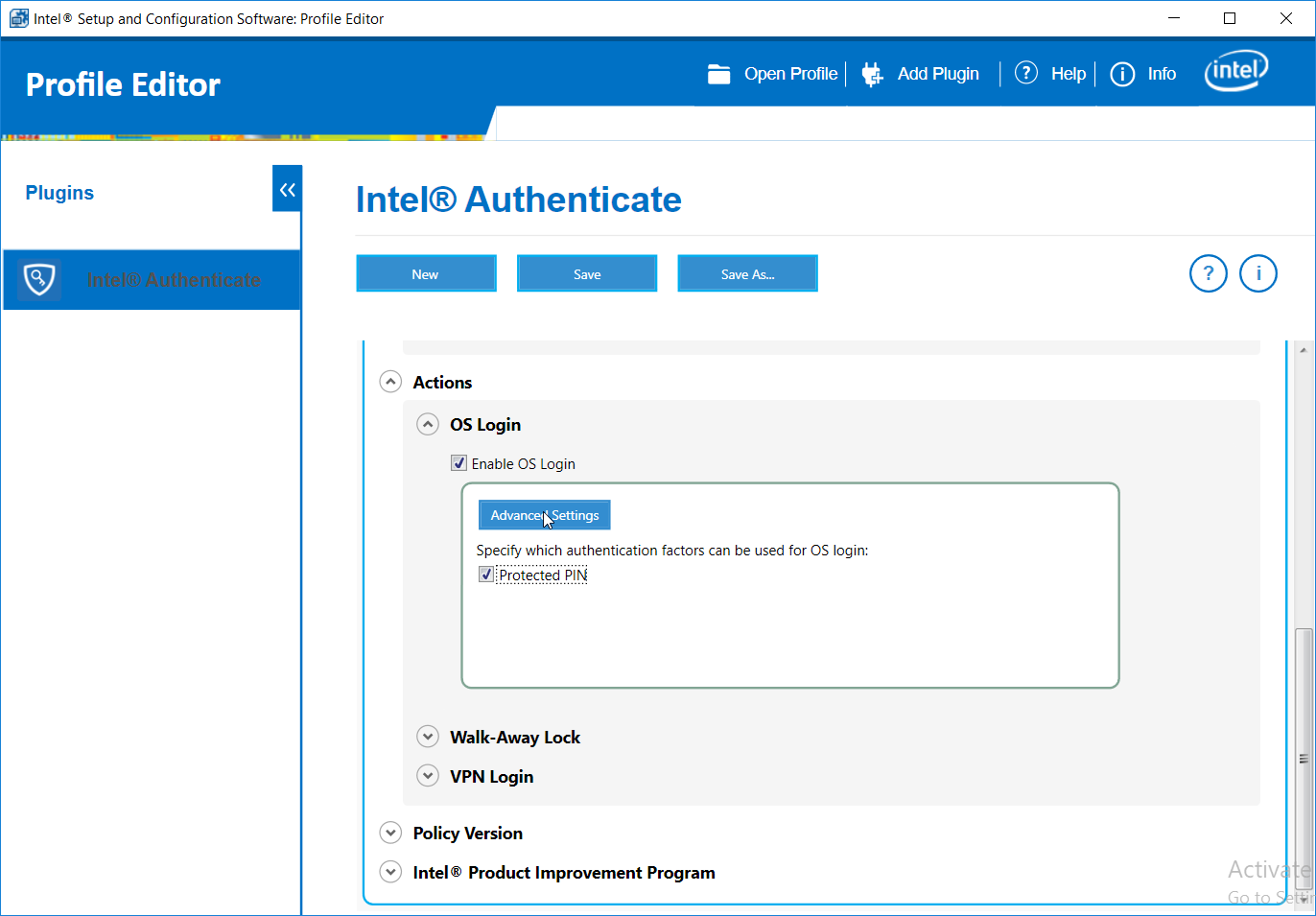 A screenshot of the Intel® Setup and Configuration Software: Profile Editor dialog box. Enable OS Login is selected, and Protected PIN is selected. The Advanced Settings button is selected.
