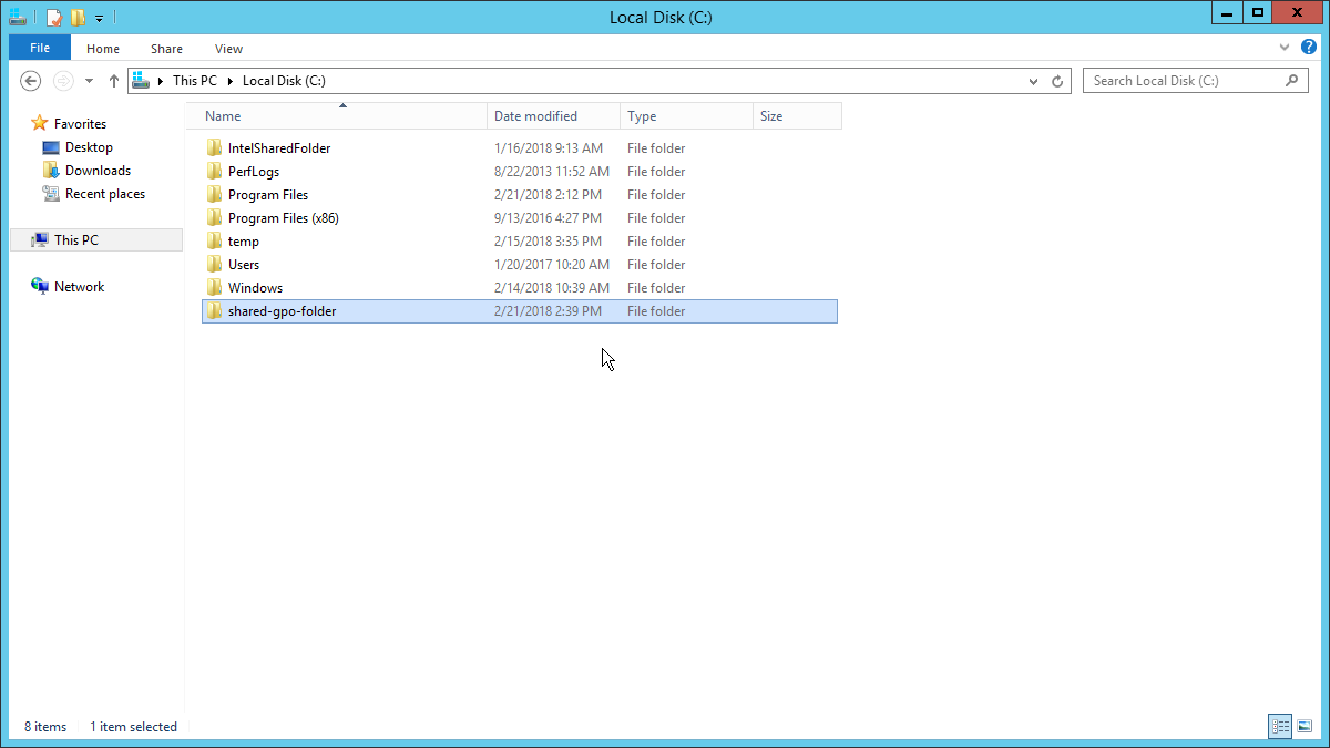 A screenshot of File Explorer, showing a new folder named shared-gpo-folder.