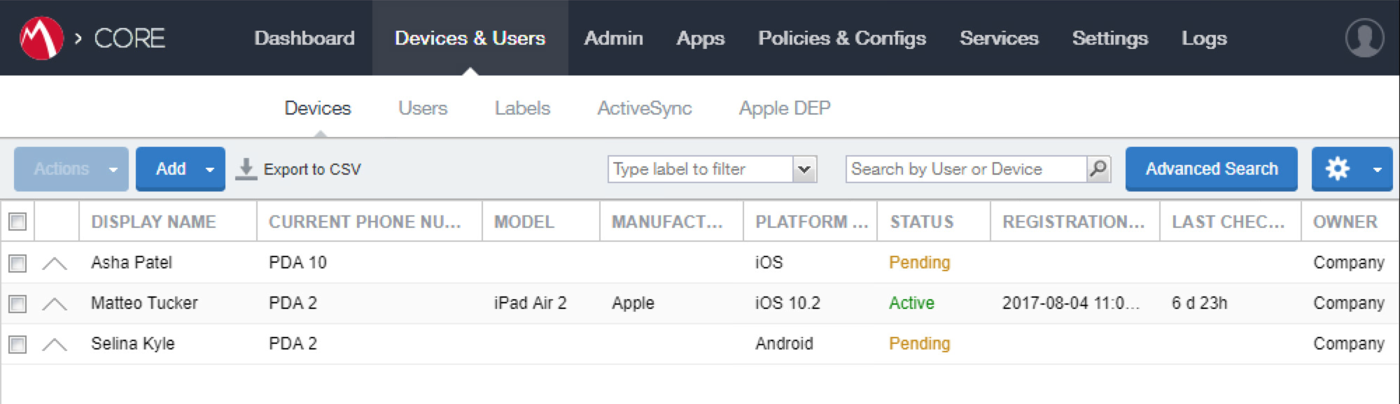 Shows all pending and active device registrations in MobileIron Core.