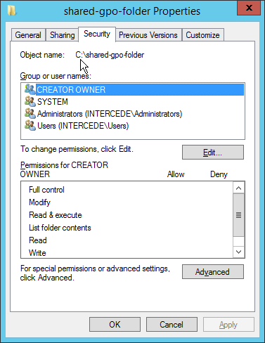 A screenshot of the folder Properties/Security tab.