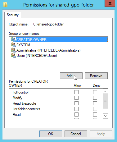 A screenshot of the "Permissions for shared-gpo-folder" Security dialog box. The Add button is highlighted.