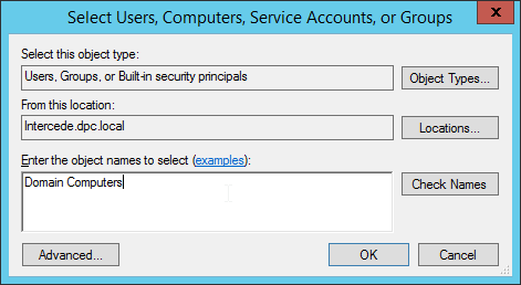 A screenshot of the "Select Users, Computers, Service Accounts, or Groups" dialog box. The words "Domain Computers" is typed into the "Enter the object names to select" box.
