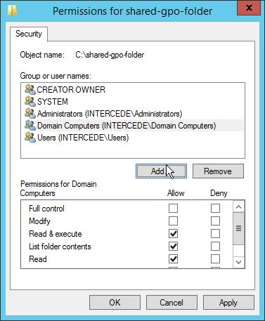 A screenshot of the "Permissions for shared-gpo-folder" Security dialog box.