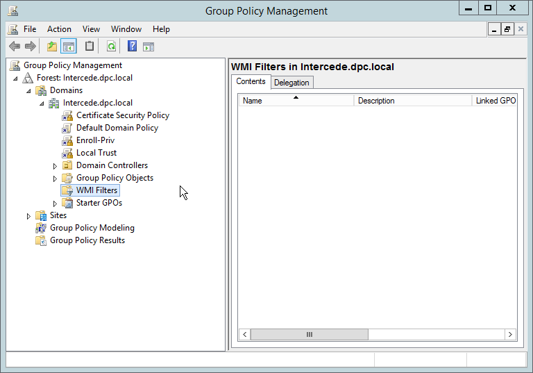 A screenshot of the Group Policy Management window. "WMI Filters" is highlighted.