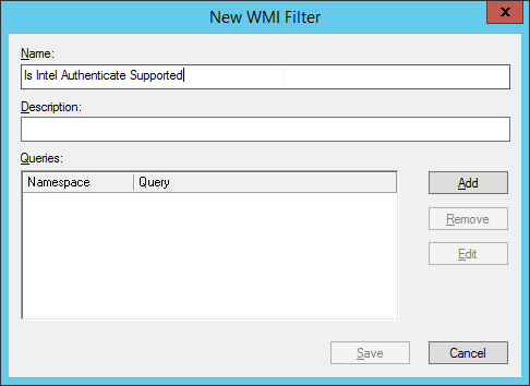 A screenshot of the WMI Filters dialog box.