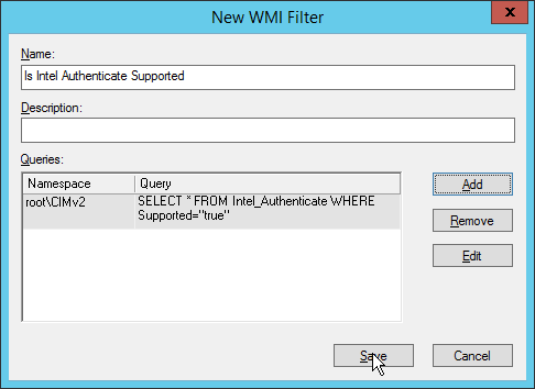 A screenshot of the WMI Filters dialog box. The Save button is selected.