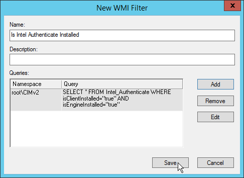 A screenshot of the New WMI Filter dialog box.