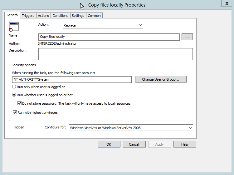 A screenshot of the Copy files locally Properties dialog box. The boxes named in instructions #12 and #13 above are checked.