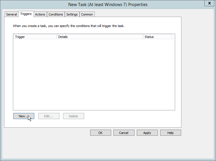 A screenshot of the Triggers tab in the New Task (At least Windows 7) Properties dialog box. The New button is selected.