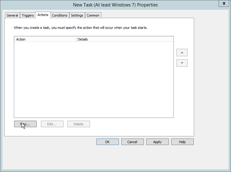 A screenshot of the Actions tab in the New Task (At least Windows 7) Properties dialog box. The New button is selected.