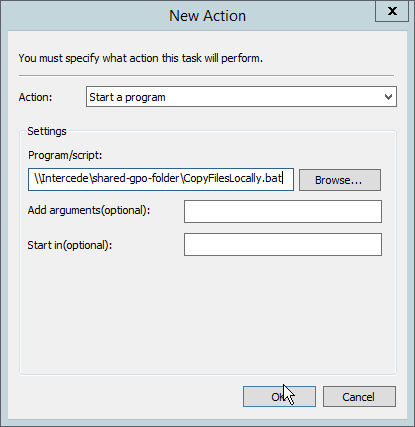 A screenshot of the New Action dialog box with information from instruction #21 above entered. The OK button is selected.
