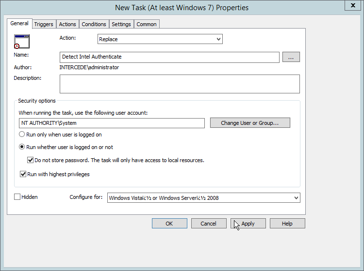 A screenshot of the General tab in the New Task (At least Windows 7) Properties dialog box. Information from instructions #31 and #32 are included.