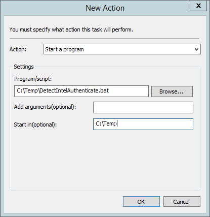 A screenshot of the New Action dialog box with information from instruction #41 above.