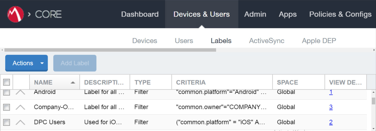 Shows all existing labels in MobileIron, confirming creation of the DPC Users label.