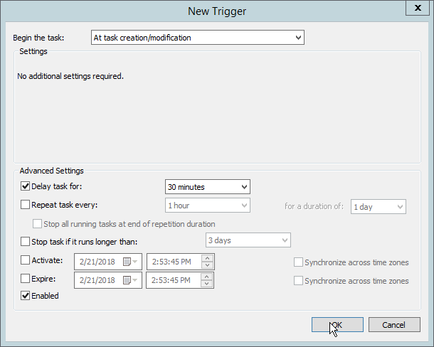 A screenshot of the New Trigger dialog box. The OK button is selected.