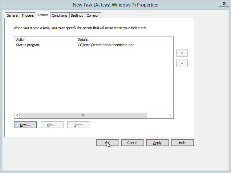 A screenshot of the Actions tab in the New Task (At least Windows 7) Properties dialog box. The OK button is selected.