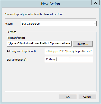 A screenshot of the New Action dialog box with information from instruction #29 above.