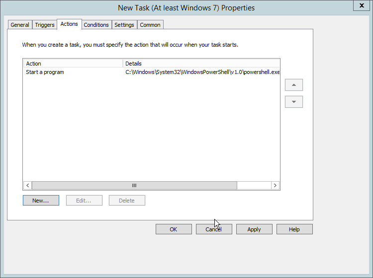 A screenshot of the Actions tab in the New Task (At least Windows 7) Properties dialog box.