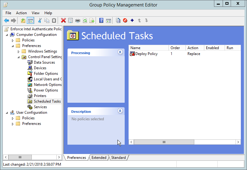 A screenshot of the Scheduled Tasks screen within the Group Policy Management Editor window.