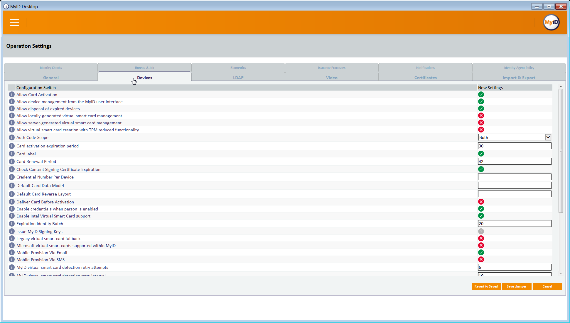 A screenshot of the Operation Settings/Devices tab in the MyID Desktop application.