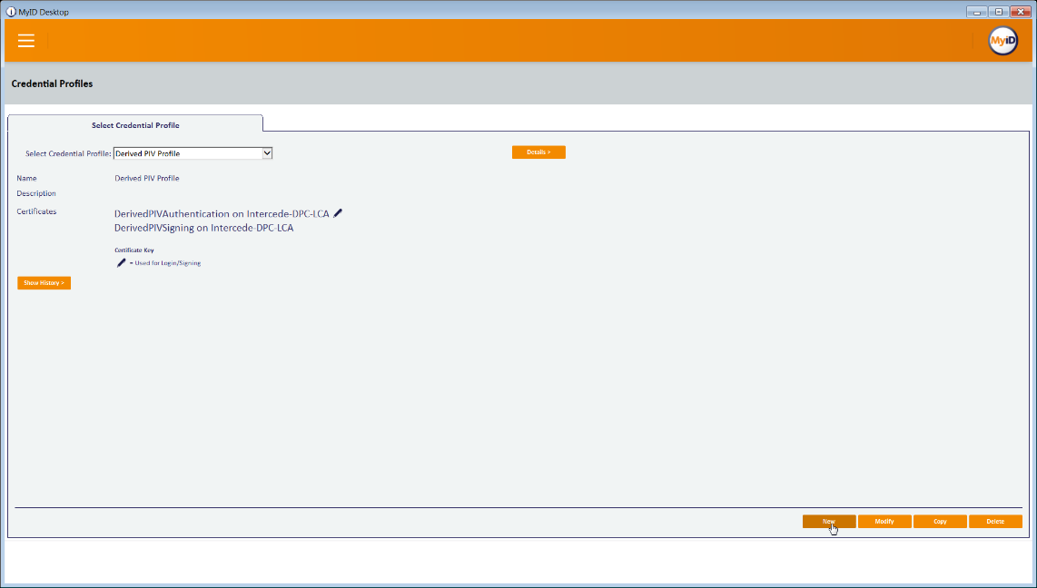 A screenshot of the Credential Profiles window in the MyID Desktop application. The New button is selected.