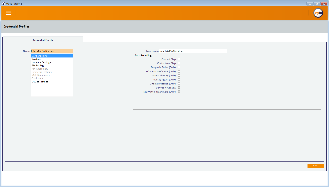 A screenshot of the Credential Profiles window in the MyID Desktop application. The Derived Credential and Intel Virtual Smart Card (Only) boxes are checked.