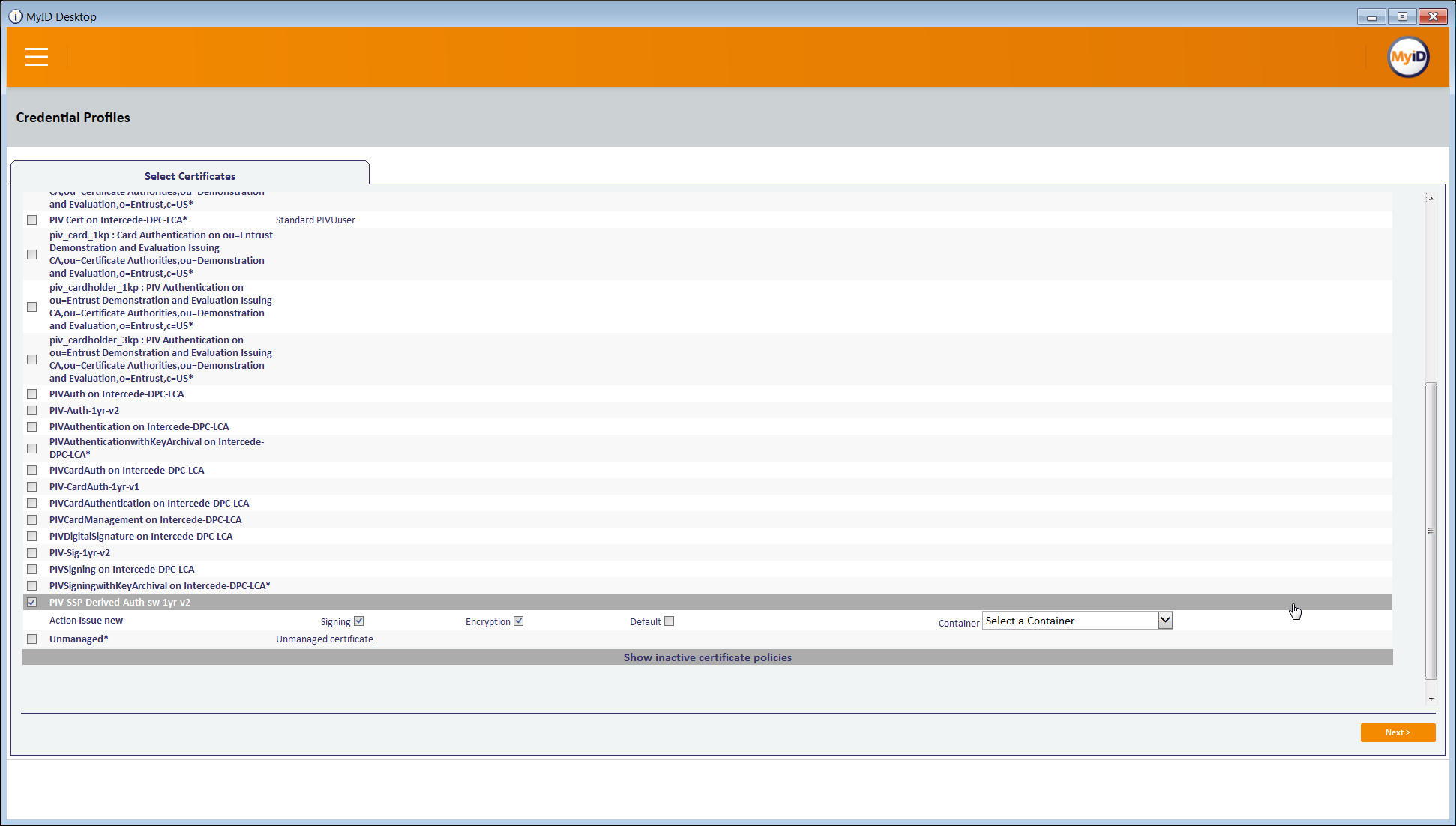 A screenshot of the Select Certificates tab in Credential Profiles window in the MyID Desktop application.
