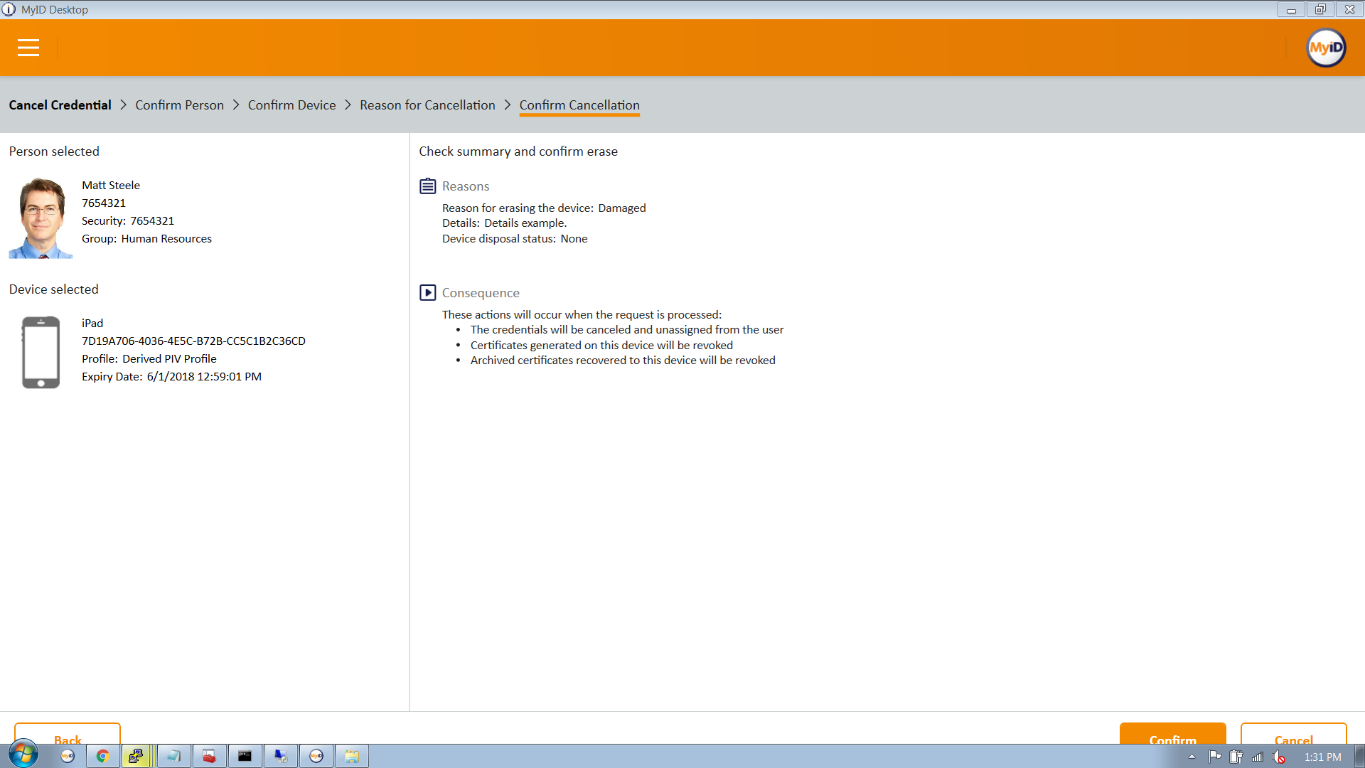 Final step in workflow to terminate DPC. Image shows confirmation screen for administrator.