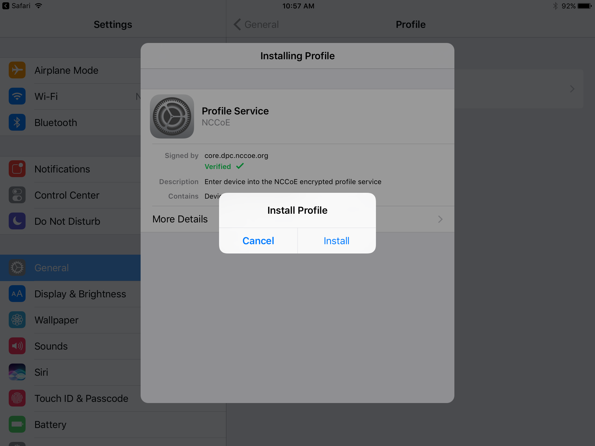Settings app prompts the user to confirm the intention to install the MobileIron profile.
