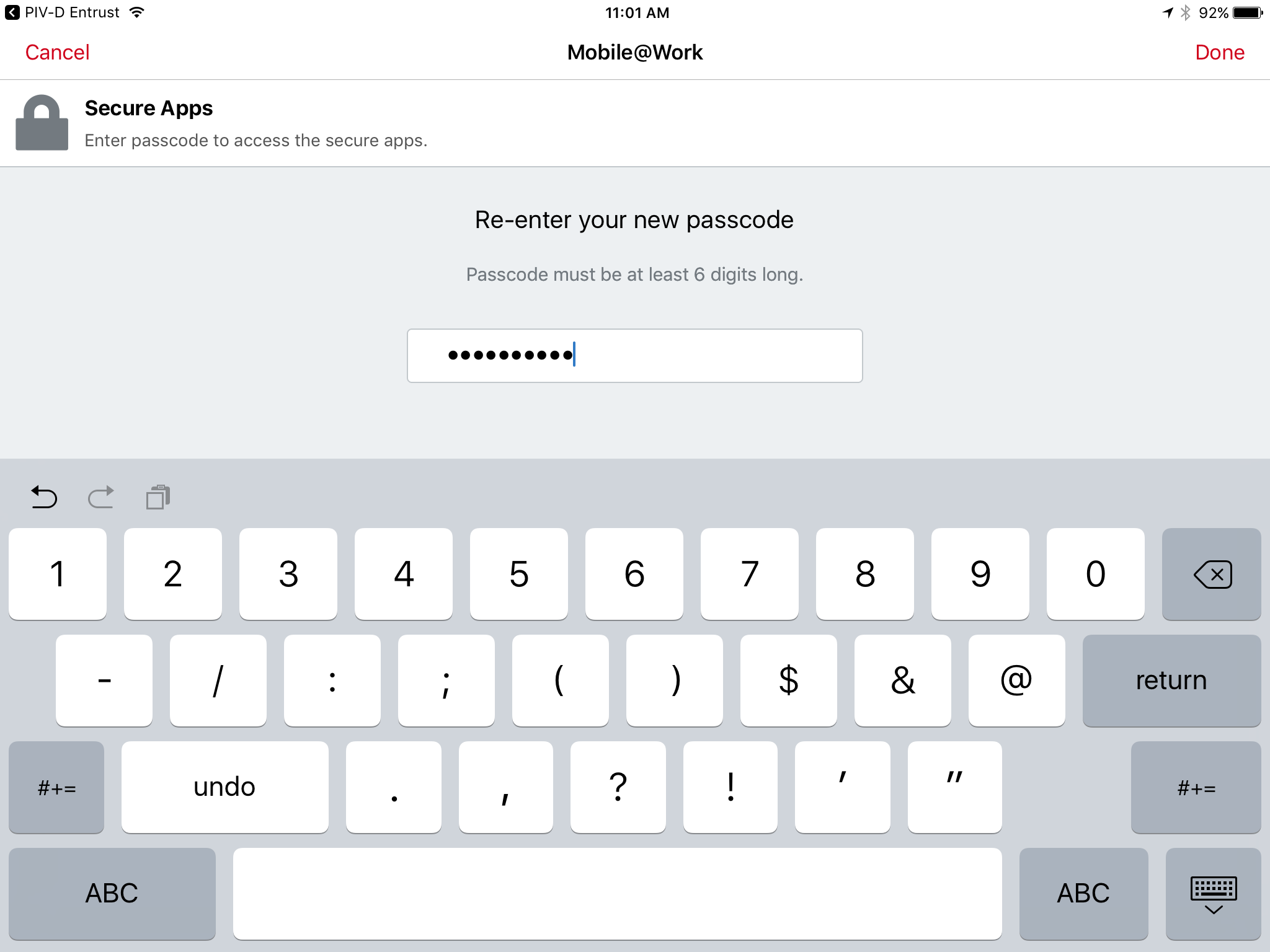 A screenshot of the Mobile@Work Secure Apps screen showing step b. above (re-entering your new passcode).