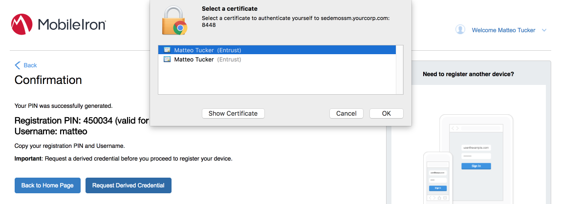 MobileIron Self-Service Portal attempting to redirect the user to the Entrust Dataguard IDG Self-Service Portal generates a prompt to select a certificate for authentication.