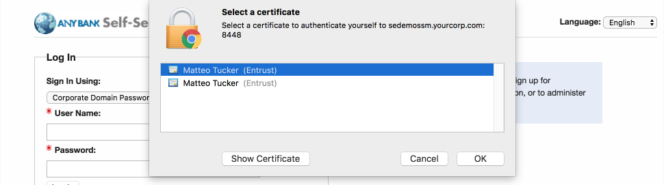 The user is prompted to select the PIV Authentication certificate from the list of available certificates.