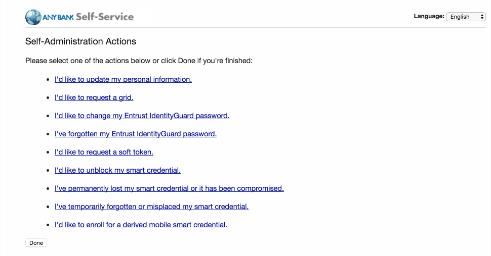 Service displays a list of actions the user can perform in the Entrust IDG Self-Service Portal.