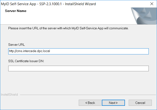Screenshot of a dialog box to insert the URL of the server with which MyID Self-Service App will communicate. The Next button is highlighted.