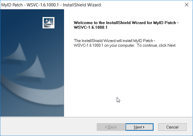 A screenshot of the MyID Patch - WSVC-1.6.1000.1 - InstallShield Wizard dialog box. The Next button is highlighted.
