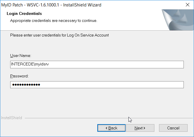 A screenshot of the MyID Patch - WSVC-1.6.1000.1 - InstallShield Wizard Login Credentials dialog box.