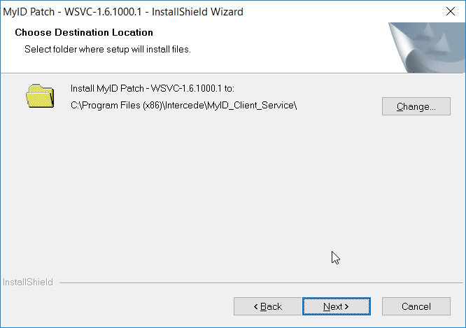 A screenshot of the MyID Patch - WSVC-1.6.1000.1 - InstallShield Wizard Choose Destination Location dialog box.