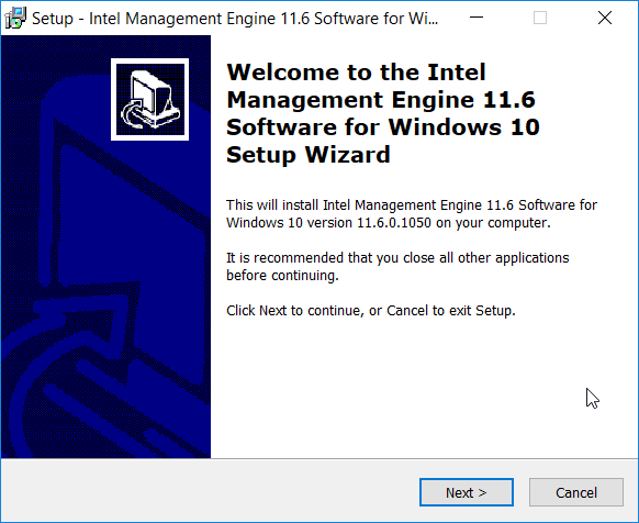 A screenshot of the "Setup - Intel Management Engine 11.6 Software for Windows 10" dialog box. The Next button is highlighted.