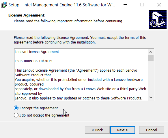 A screenshot of the "Setup - Intel Management Engine 11.6 Software for Windows 10" dialog box showing the license agreement. The Next button is highlighted.