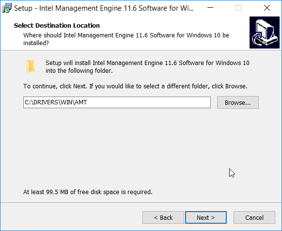 A screenshot of the "Setup - Intel Management Engine 11.6 Software for Windows 10" dialog box for Select Destination Location. The Next button is highlighted.