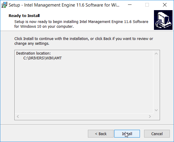 A screenshot of the "Setup - Intel Management Engine 11.6 Software for Windows 10" dialog box at the "Ready to Install" prompt. The Install button is highlighted.