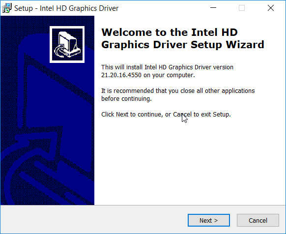 A screenshot of the "Setup - Intel HD Graphics Driver" dialog box. The Next button is highlighted.