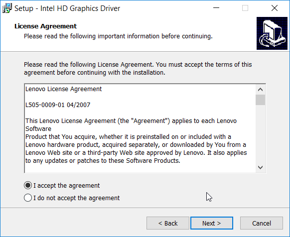 A screenshot of the "Setup - Intel HD Graphics Driver" dialog box displaying the license agreement. The Next button is highlighted.