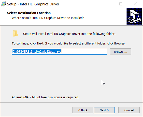 A screenshot of the "Setup - Intel HD Graphics Driver" dialog box at the "Select Destination Location" prompt. The Next button is highlighted.