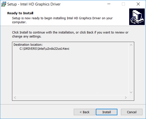 A screenshot of the "Setup - Intel HD Graphics Driver" dialog box. The Install button is highlighted.