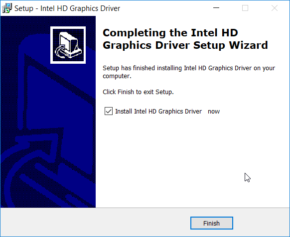 A screenshot of the "Setup - Intel HD Graphics Driver" dialog box at the finish prompt. The Finish button is highlighted.