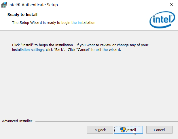 A screenshot of the "Intel® Authenticate Setup" dialog box at the "Ready to Install" prompt. The Install button is highlighted.