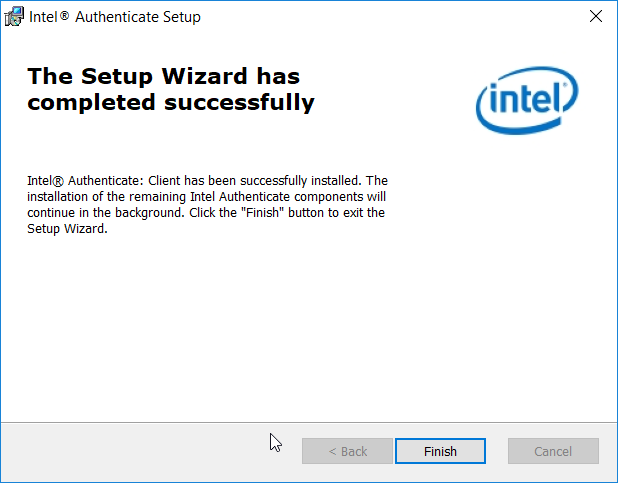 A screenshot of the "Intel® Authenticate Setup" dialog box at the Finish prompt. The Finish button is highlighted.