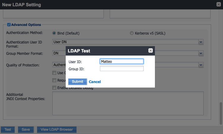 Entry of a user ID to perform an LDAP connection test.